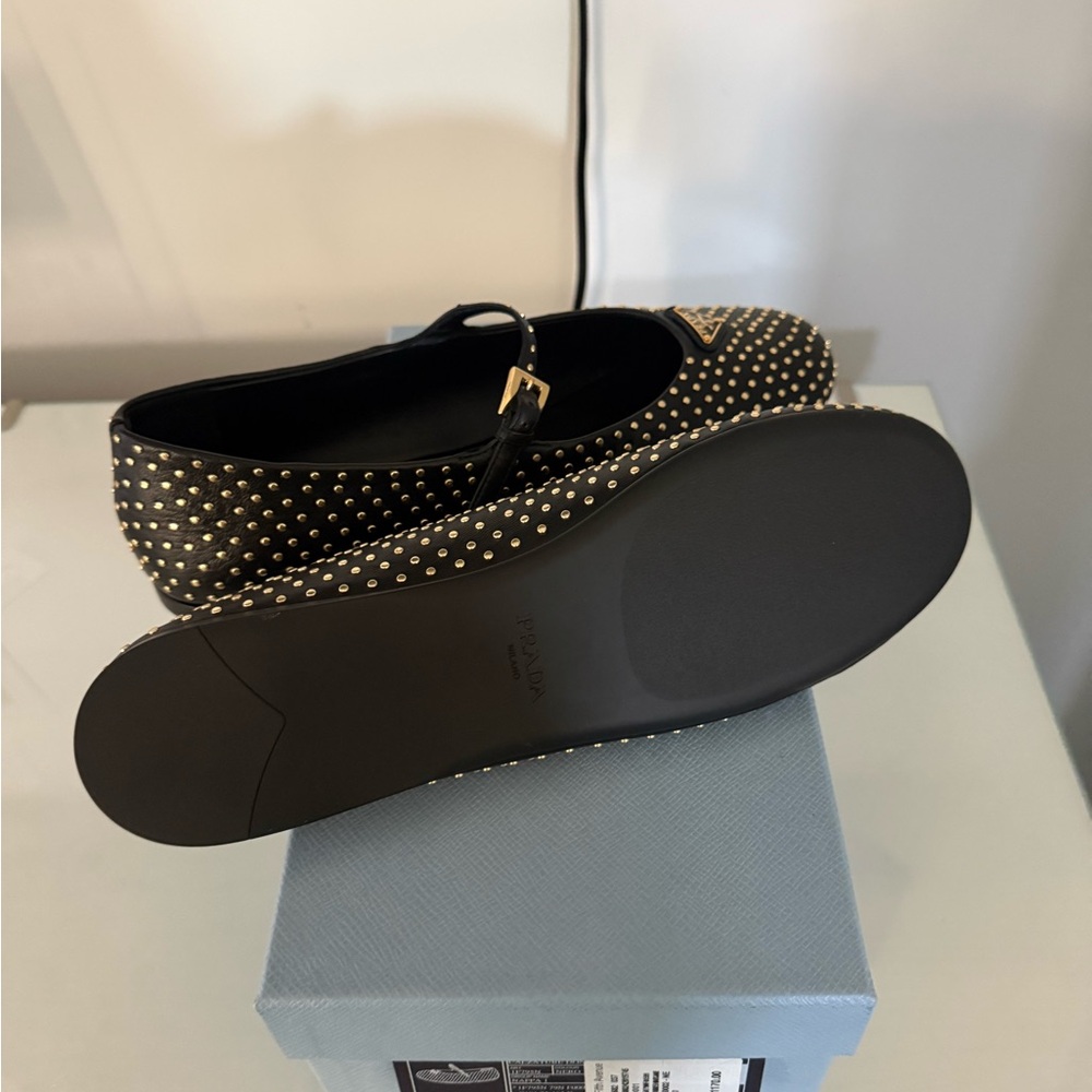 Prada Black Studded Mary Jane Flats with Gold Accents - Picture 3 of 6